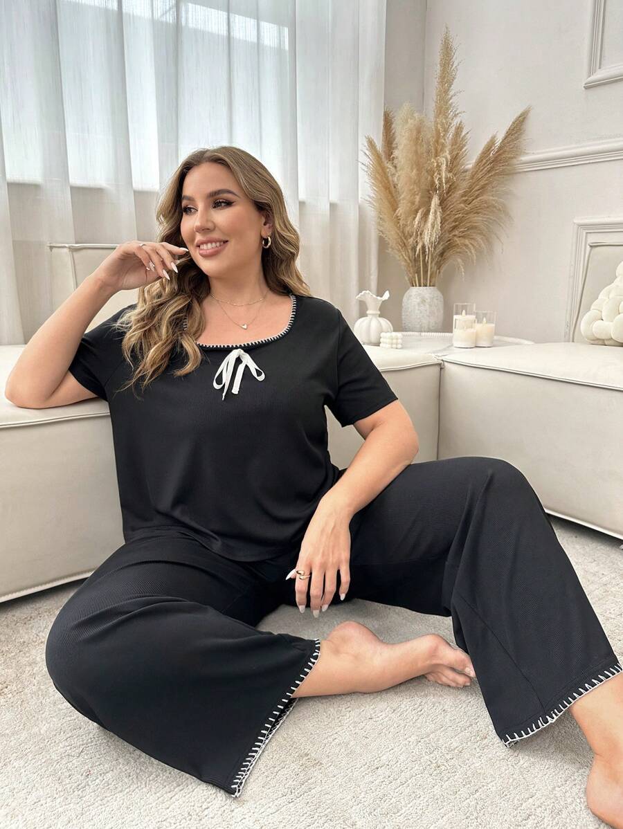 Contrasting Neckline Fitted Pajama Set - Black - View 1