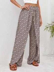 RueChic All Overprinted Flare Wide Leg With Splits At Front Smocking Waist Long Pants - Multicolor - View 3