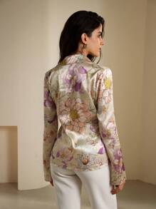 Aveloria Modichic Women's Shiny Casual Colorful Random Print Loose Fit Tie Front Long Sleeve Shirt