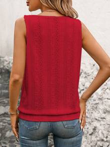 INAWLY Áo ba lỗ thông thường màu trơn thêu khoét cổ chữ V mùa hè dành cho nữ - Màu Đỏ Sâu - Xem 2