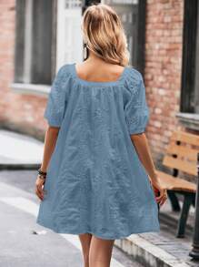 SHEIN LUNE Đầm tay phồng cổ vuông in màu đơn giản thời trang cho nữ - Màu xanh lam - Xem 2