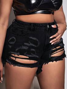 SHEIN SXY Plus Button-Front Distressed Tight Denim Shorts With Raw Hem And Ripped Detail - Black - View 4