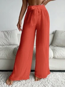 SHEIN Swim Women's Beach Casual Solid Color Kaftan Wide Leg Pants Summer - Orange - View 4