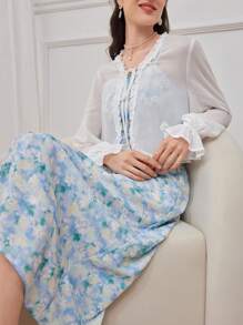 Seusyu Ladies' Solid Color Sheer Outerwear And Printed Dress, Simple Everyday 2-Piece Set - Blue - View 3