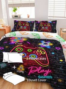 3入組遊戲主題床上用品套裝，男孩少年床單套裝，遊戲手柄電玩床上用品套裝，雙人/全尺寸3件套床上用品套裝（2個枕套不含內膽+1個被套不含內膽）