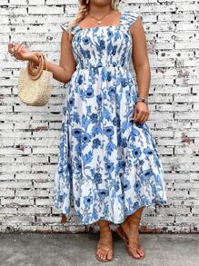 Breezaya Plus Size Summer Floral Print Pleated Shirred Sleeveless Dress With Ruffled Hem - Blue - View 1