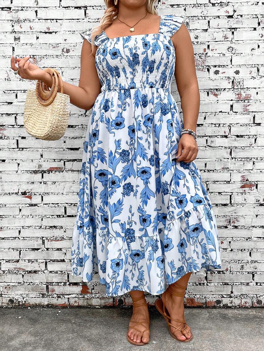 Breezaya Plus Size Summer Floral Print Pleated Shirred Sleeveless Dress With Ruffled Hem - Blue - View 1