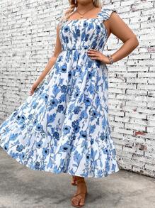 Breezaya Plus Size Summer Floral Print Pleated Shirred Sleeveless Dress With Ruffled Hem - Blue - View 4