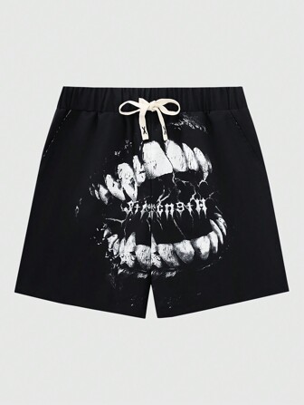 Men's Gothic Letter Printed Casual Shorts, Suitable For Daily Wear In Spring And Summer, School