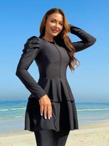Swim Mulvari Đồ bơi ngắn tay đi biển mùa hè cho nữ có dây kéo màu trơn phía trước Rash Guard - màu đen - Xem 4