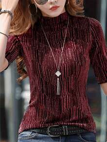 SHEIN LUNE Women's Spring/Summer Striped Casual T-Shirt With Stand Collar And Long Sleeves