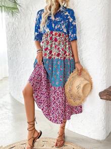 Breezaya Vestido de manga media de estilo retro para vacaciones con cuello de camisa y sobrefalda abotonada para mujeres - Multicolor - Ver 1