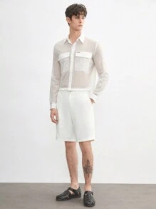 AKNOTIC Business Casual Men's Woven Nylon Wrinkle Solid Color Thin Shacket, For Fall Winter - White - View 5