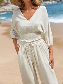 EURMUSE Smock Top Detailed Linen Co-Ord - Beige - View 6