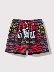 ROMWE MEN Street Life 男士印花拼接束口腰休閒短褲，夏季 - 酒紅色 - 查看 1