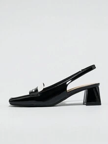 Square Toe Fashionable Backless Chunky Heel Pumps, French Style Low Vamp Black & White Contrast Patent Leather Elegant Women Heels - Black and White - View 5