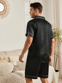 純黑色緞面男士家居服套裝 - 黑色 - 查看 2