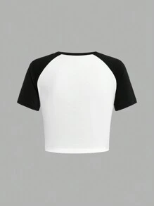 Teen Girl Casual Street Style Short Sleeve Dark Punk Pattern Printed T-Shirt And Distressed Wide Leg Jeans Two-Piece Set - Black and White - View 3