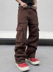 1pc Men's Multi-Pocket Wide Leg Cargo Denim Jeans - Coffee Brown - View 2