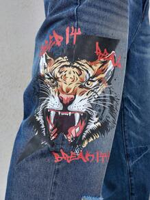 Manfinity LEGND Men's Plus Size Cartoon Printed Distressed Denim Wide Leg Jeans With Pockets - Dark Wash - View 5