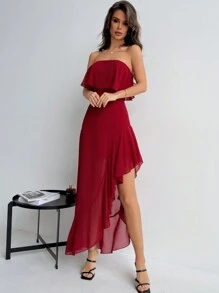 SHEIN Privé Summer Plus Size Elegant Women Flamenco Dress With Strapless Ruffle High Slit, Perfect For Dating, Party, Wedding, Asymmetrical Red Mesh Dress, Wedding Guest Dress - Red - View 4