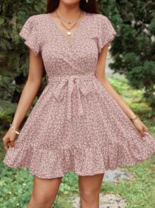 SHEIN Frenchy Summer Women's Floral Print Belted Dress Bridgerton Thanks Giving Pink Vacation Flower - Pink - View 3