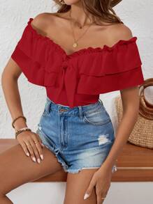 SHEIN VCAY 女士夏季純色荷葉邊露肩短袖T恤 - 紅色 - 查看 4