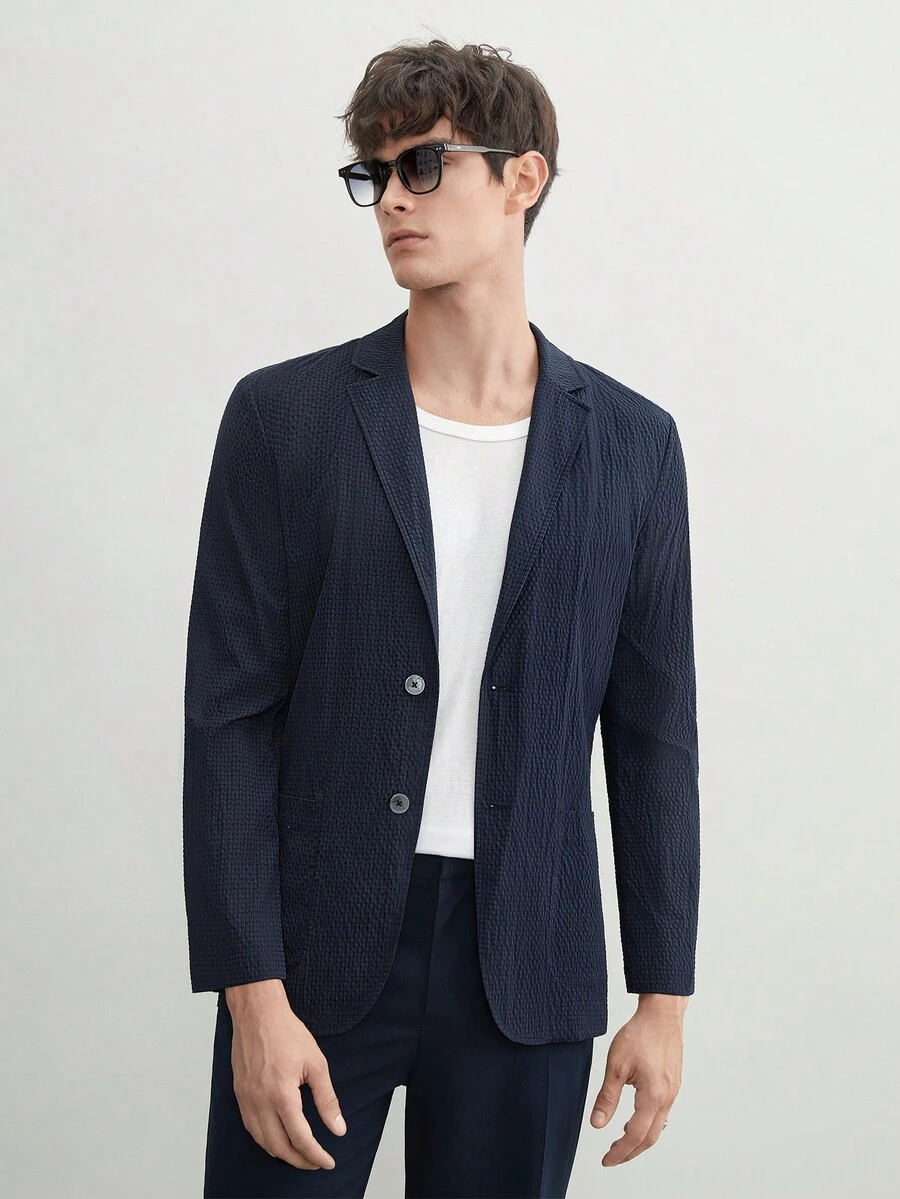 AKNOTIC Business Casual Áo khoác blazer dệt kiểu dáng cổ điển Easy Care cho nam, áo khoác có vai không đệm, dáng rộng, phù hợp với phong cách thường ngày, dành cho mùa hè - Màu xanh hải quân - Xem 1