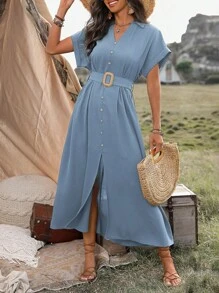 SHEIN LUNE 女式V領肩帶束腰派對裙 - 霧霾藍 - 查看 5