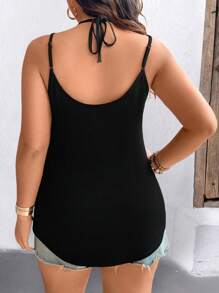 Breezaya 大尺碼假日休閒純色蕾絲花邊曲線下擺背心 - 黑色 - 查看 2