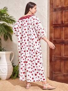 SHEIN 少女白底紅色印花寬腿度假裙配紅色編織腰帶，寬鬆不對稱領口 - 彩色 - 查看 2