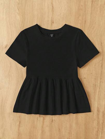 SHEIN EZwear 女式大尺碼純棉公仔裙短袖T卹，A字擺設計和拼色設計，圓領
