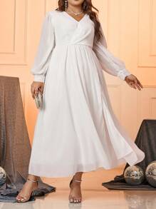 Plus Size White Lantern Sleeve High Side Split Bridal Shower Dress - White - View 3