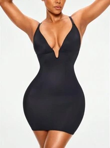 SHAPORA 女士純色無背修身吊帶連身裙 - 黑色 - 查看 5