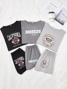 Set de pijamale pentru femei, 3 bucăți, cu mâneci scurte, cu litere, imprimate casual de vară