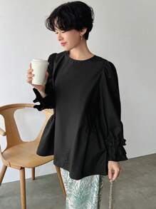 FRIFUL Áo cánh dài tay thường ngày màu trơn viền bèo nhún cho nữ, thường ngày - màu đen - Xem 3