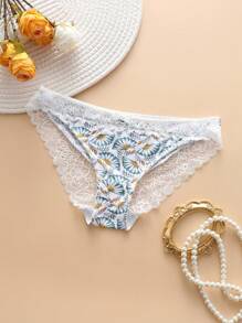 Pantalones cortos triangulares de encaje de contraste con estampado floral para mujer - Multicolor - Ver 1