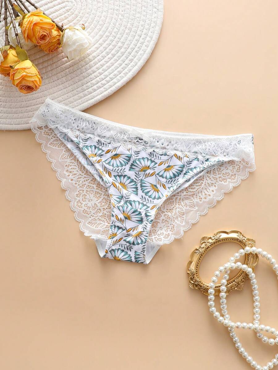 Pantalones cortos triangulares de encaje de contraste con estampado floral para mujer - Multicolor - Ver 1