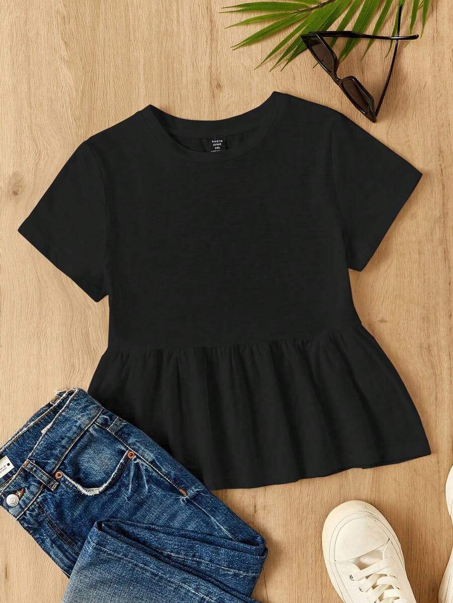 SHEIN EZwear Áo thun nữ cổ tròn cỡ lớn cổ tròn bằng vải cotton nguyên chất có viền chữ A và thiết kế khối màu - màu đen - Xem 1