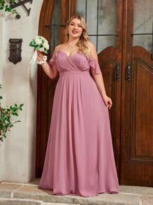 SHEIN Belle 浪漫粉紫色雪纺皱褶面料吊带露肩荷叶边垂袖交叉褶皱拼接腰部褶皱侧高开叉至腿部 A 字下摆适合婚礼活动正式大码伴娘礼服 - 紫色 - 查看 6