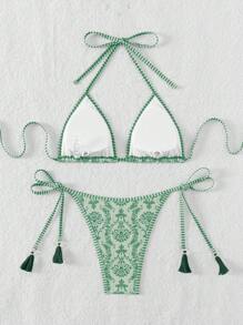 Women's Summer Beach Printed Halter Neck Strap Two-Piece Bikini Set With Sexy Bottoms - Green - View 3