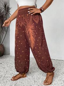 SHEIN VCAY Plus Size Loose Fit Holiday Casual Printed Jogger Pants - Multicolor - View 1