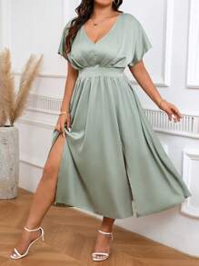 SHEIN Clasi Plus Size V-Neck Batwing Sleeve Dress With Cinched Waist And High Side Slit, Perfect For Parties - Green - View 6