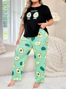 女士牛油果印花短袖長褲睡衣套裝 - 綠色 - 查看 5