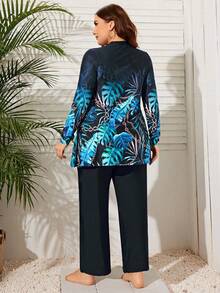 Swim Mulvari 大码树叶印花长袖泳衣和休闲泳裤，适合夏季度假 - 黑色 - 查看 2