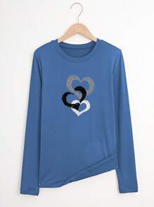 EMERY ROSE Women's Heart Print Slim Fit Casual Long Sleeve T-Shirt, Spring & Fall Top Graphic Tees Women Tops For Spring Outfit