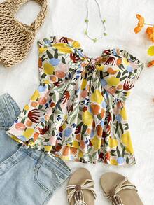 Soleia 夏季度假休闲杏色&蓝黄色水果结胸围荷叶边褶饰后背抽褶抹胸 - 彩色 - 查看 3
