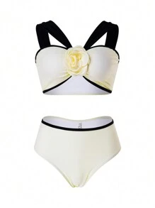 Swim Oasis Conjunto de bikini de playa de verano para mujer con decoración de flores en 3D, falda a rayas