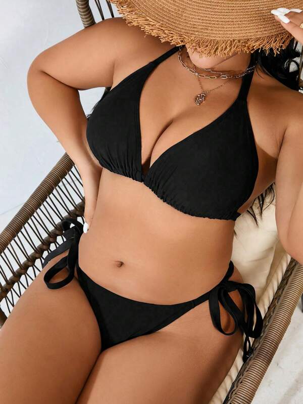 Swim Vcay Plus Size 3pcs/Set Solid Color Simple Daily Bikini Set,Summer Beach