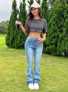 SHEIN EZwear Top Cropped Solto Tricotado Vintage com Aparência Lavada Ácida para Mulheres - Cinza escuro - Ver 4